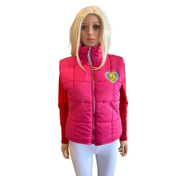 Vintage 90's Tweety Bird Looney Tunes Hot Pink Puffer Vest Junior 14/ Women S - Picture 14 of 14